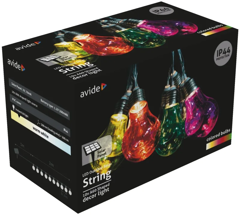 Kültéri Szolár Füzér 5m, Átlátszó Kábel, 10 Színezett Globe, IP44 - AOSS5T-10MC10L