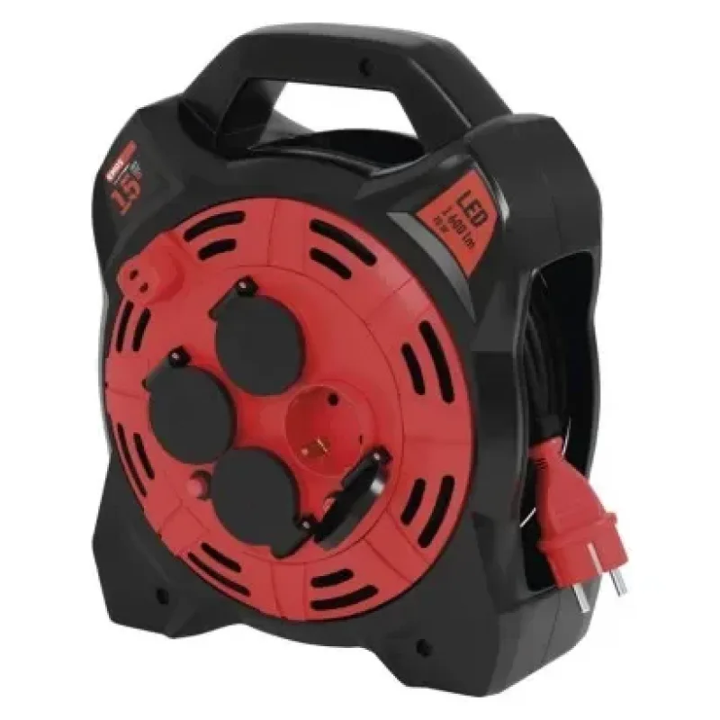 Kültéri kábeldob 15 m / 4 aljzat / gumi-neoprén / 230 V / 1,5 mm2 LED fényvisszaverővel - P08215