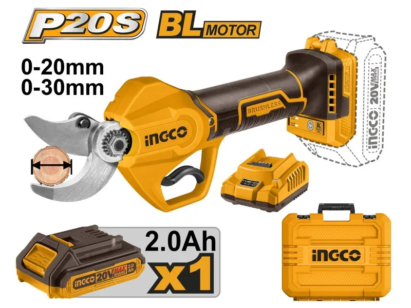 INGCO Akkus metszőolló 30 mm szénkefe nélküli 20 V (1 x 2,0 Ah akku + töltő)