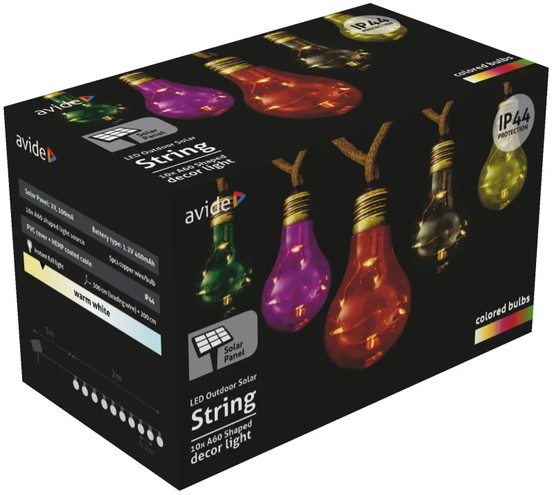 Kültéri Szolár Füzér 5m, Kötél Kábel, 10 Színezett Globe, IP44 - AOSS5R-10MC50ML