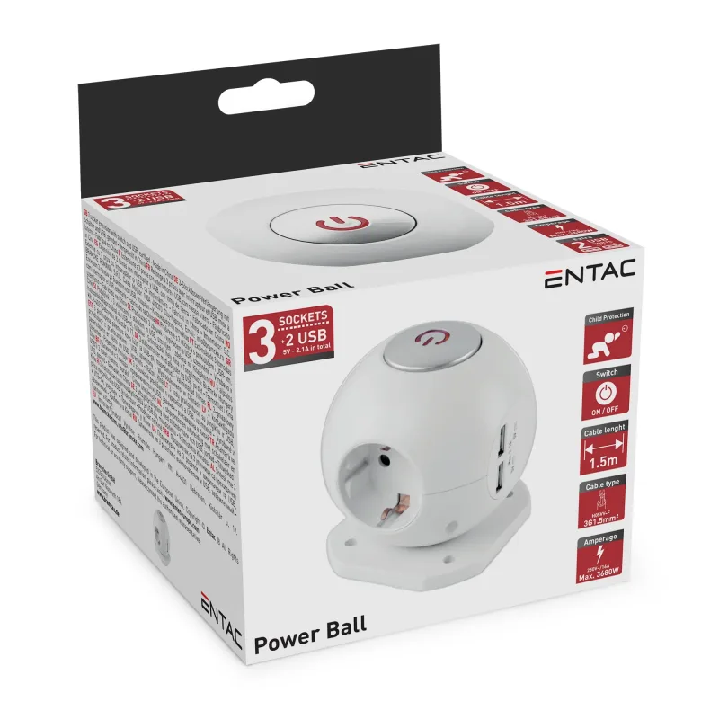 Gömb Elosztó 3 Foglalattal, 2x2.1A USB-vel Kapcsolóval 1.5m 3G1.5 - ESC1.5G3-USB-GLOBE