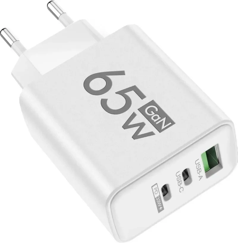 Univerzális 65W-os Telefon és Tablet Gyorstöltő 65W, 2db USB-C 1db USB kimenettel, fehér