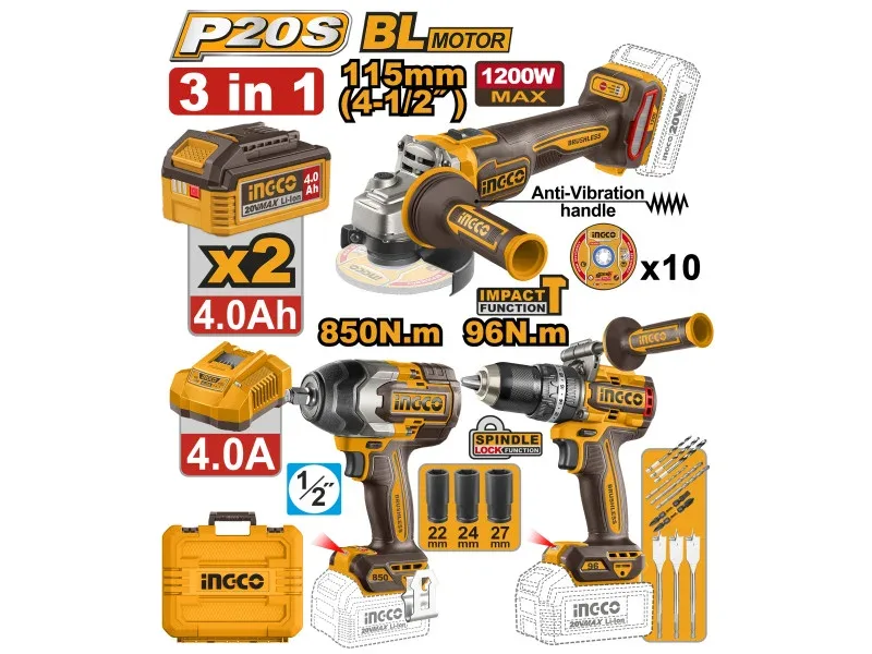 INGCO Akkus erőcsomag 20 V Ütvefúró-csavarozó 96 Nm+Sarokcsiszoló 115 mm+Ütvecsavarozó 850 Nm - COSLI251292E