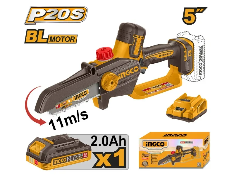 INGCO Akkus láncfűrész 127 mm szénkefe nélküli 20 V (1 x 2,0 Ah akku + töltő)
