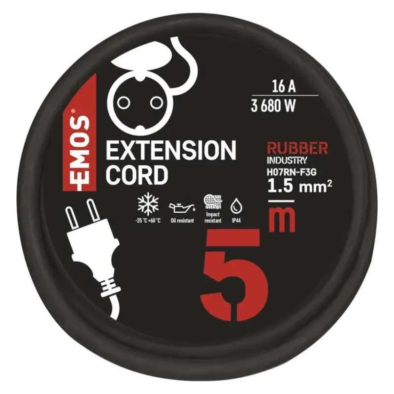 Kültéri hosszabbító 5 m / 1 aljzat / fekete / gumi-neoprén / 250 V / 1,5 mm2