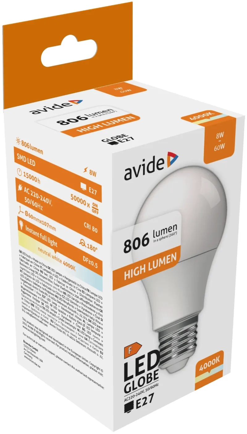 LED Globe A60 8W E27 NW 4000K - ABG27NW-8W-AP