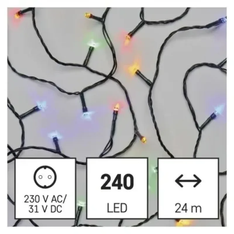 LED karácsonyi fényfüzér, 24 m, kültéri és beltéri, többszínű, progr, időz.