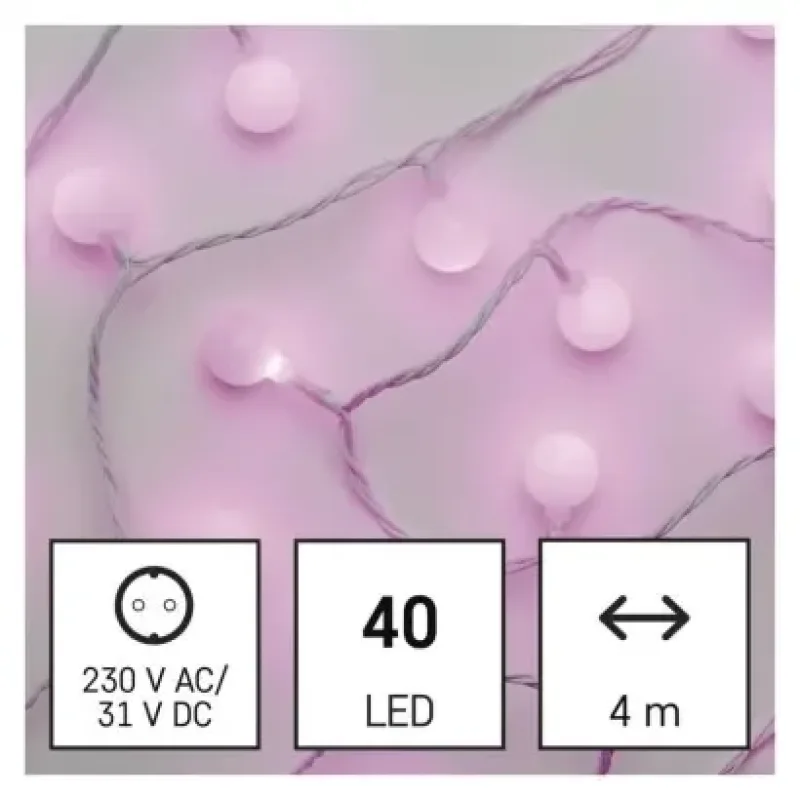 LED fényfüzér, cseresznye – golyók 2,5 cm, 4 m, kültéri és beltéri, rózsaszínű, időzítő