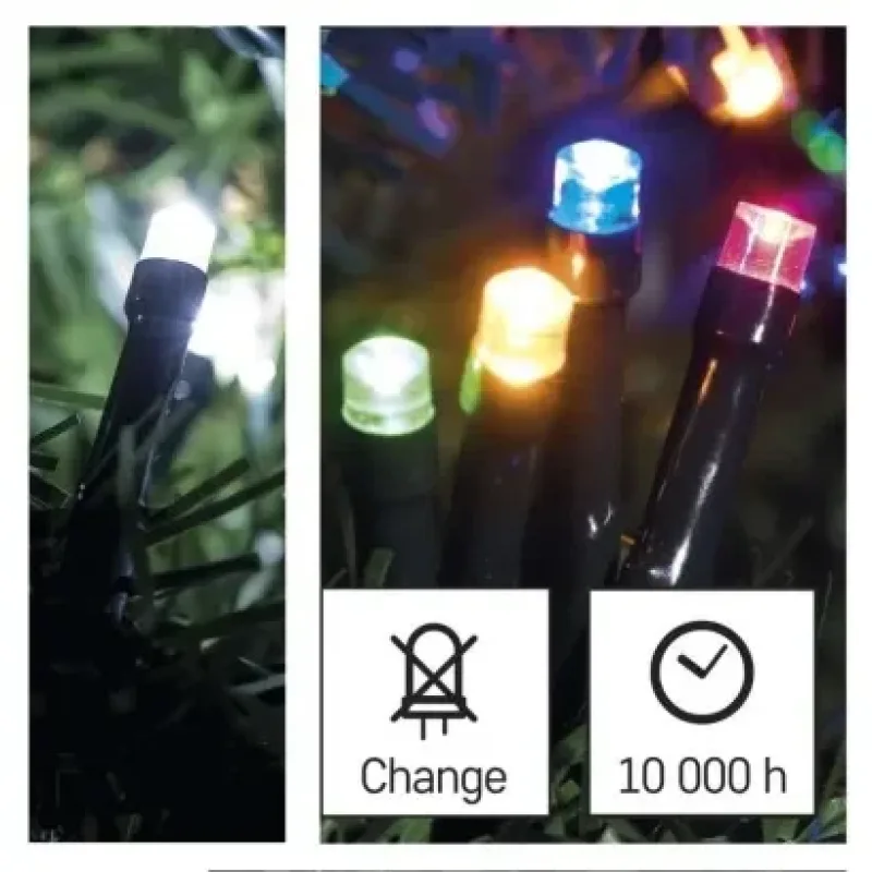 LED karácsonyi fényfüzér 2 az 1-ben, 10 m, kültéri és beltéri, hideg fehér/többszínű, prog
